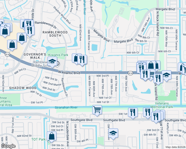 map of restaurants, bars, coffee shops, grocery stores, and more near 7971 Northwest 3rd Place in Margate