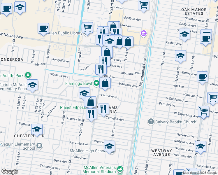 map of restaurants, bars, coffee shops, grocery stores, and more near 2216 Fern Avenue West in McAllen