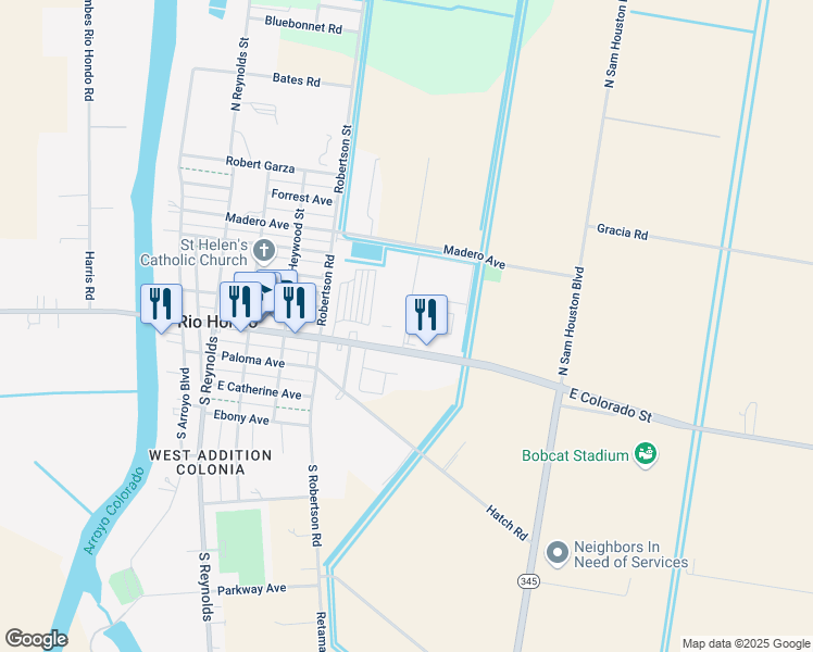 map of restaurants, bars, coffee shops, grocery stores, and more near 210 Morning Glory Street in Rio Hondo