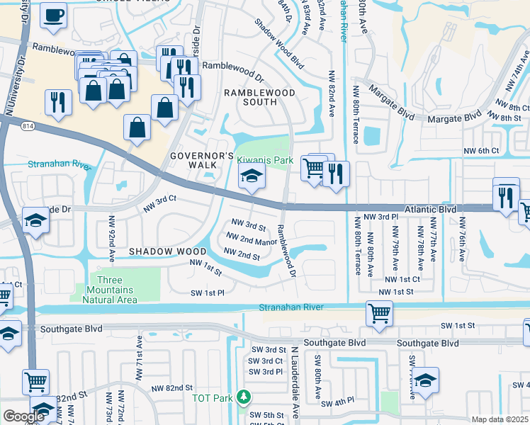 map of restaurants, bars, coffee shops, grocery stores, and more near 8479 Shadow Court in Coral Springs