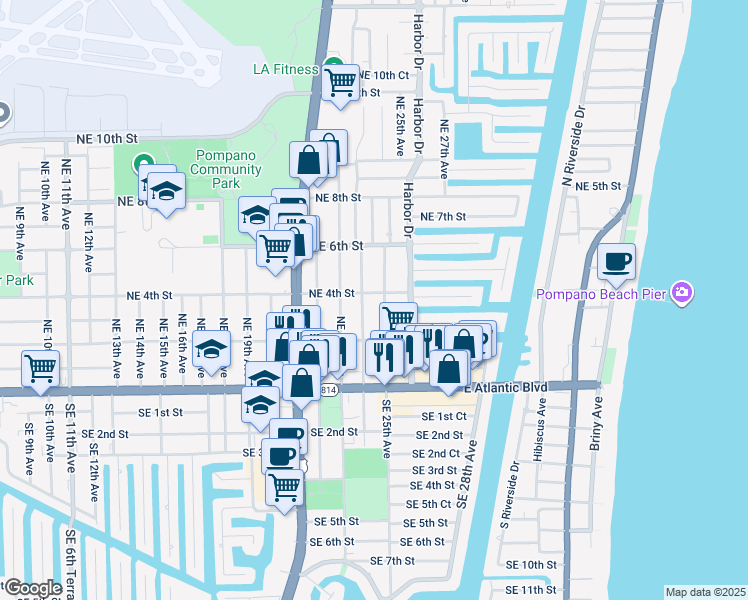 map of restaurants, bars, coffee shops, grocery stores, and more near 228 Northeast 24th Avenue in Pompano Beach