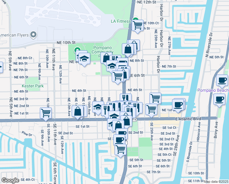 map of restaurants, bars, coffee shops, grocery stores, and more near 232 Northeast 19th Avenue in Pompano Beach