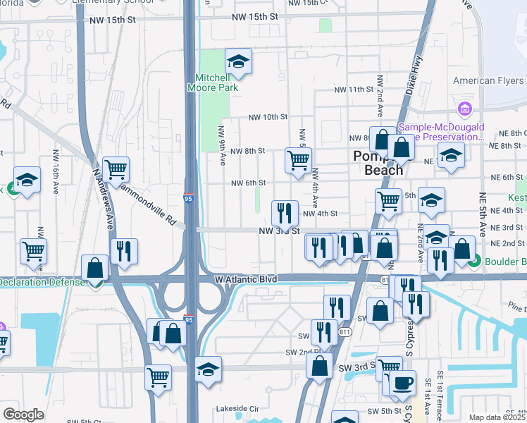 map of restaurants, bars, coffee shops, grocery stores, and more near 405 Northwest 7th Avenue in Pompano Beach