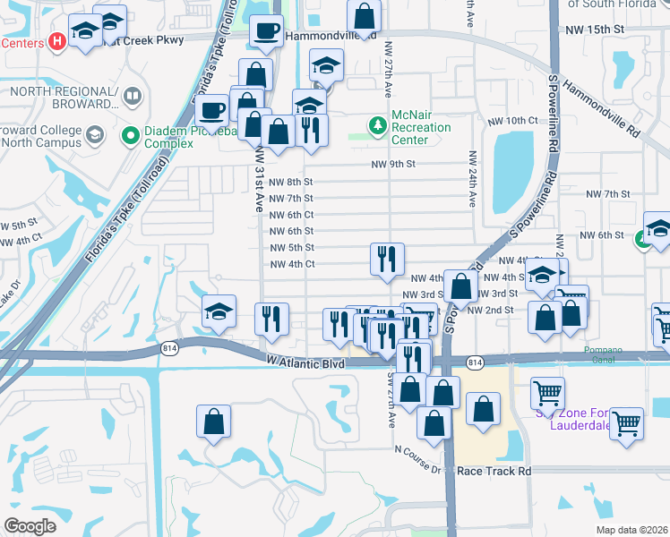map of restaurants, bars, coffee shops, grocery stores, and more near 2801 Northwest 4th Street in Pompano Beach