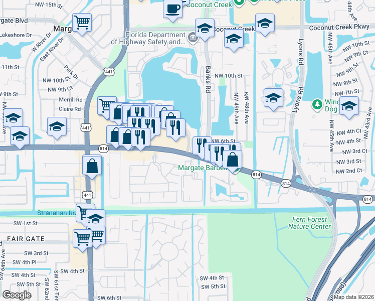 map of restaurants, bars, coffee shops, grocery stores, and more near 402 East Laurel Drive in Margate