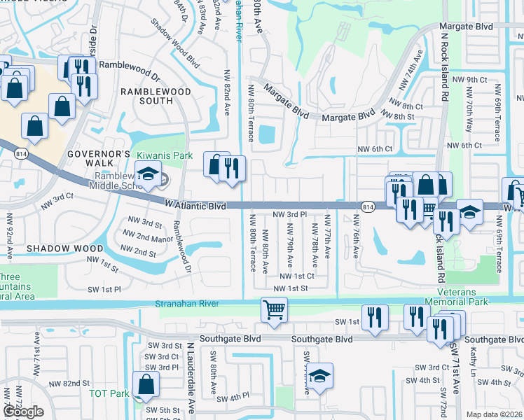 map of restaurants, bars, coffee shops, grocery stores, and more near 7971 Northwest 3rd Place in Margate