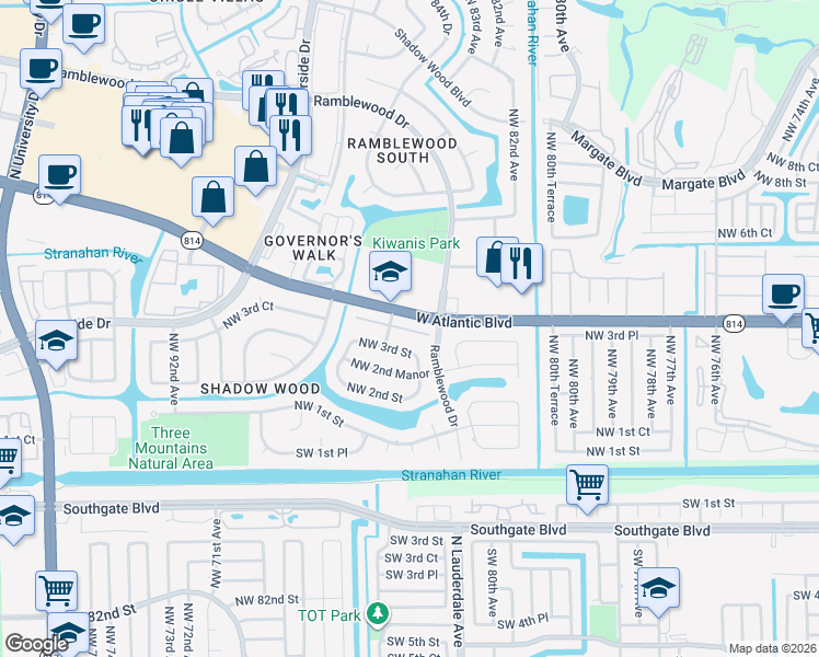 map of restaurants, bars, coffee shops, grocery stores, and more near 8479 Shadow Court in Coral Springs