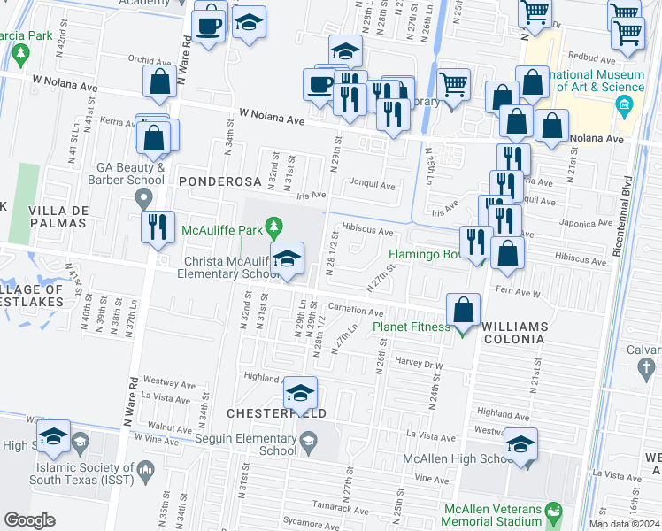 map of restaurants, bars, coffee shops, grocery stores, and more near 2848 West Fern Lane in McAllen