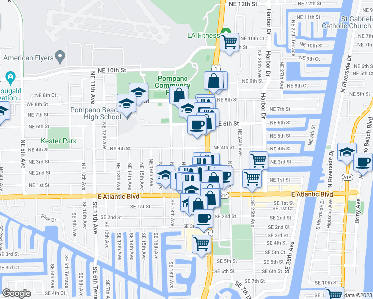 map of restaurants, bars, coffee shops, grocery stores, and more near 1900 Northeast 4th Street in Pompano Beach