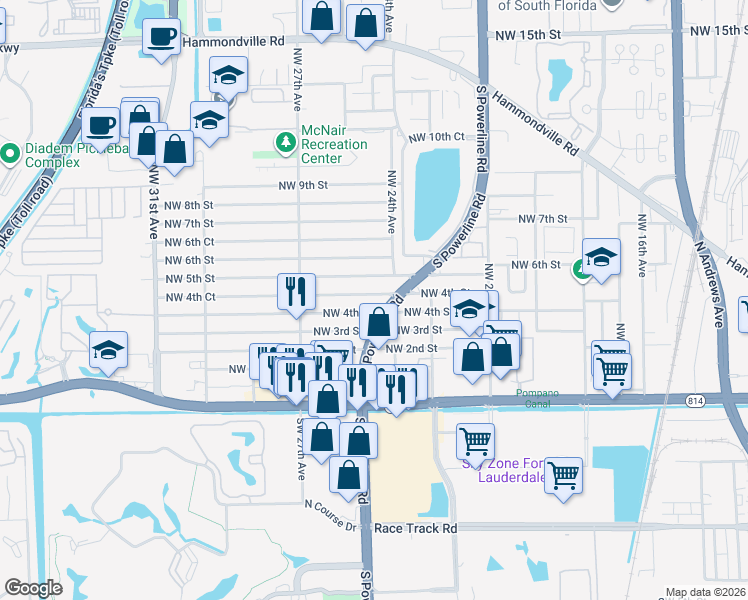 map of restaurants, bars, coffee shops, grocery stores, and more near 2451 Northwest 4th Street in Pompano Beach