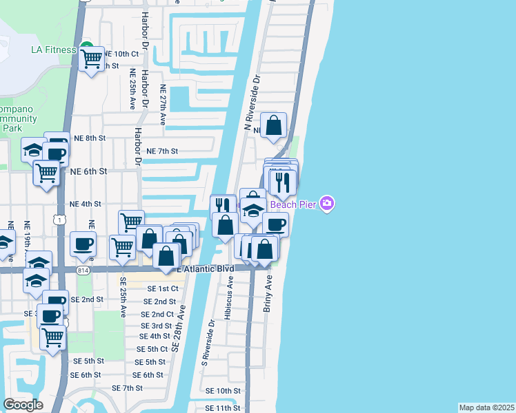map of restaurants, bars, coffee shops, grocery stores, and more near 199 North Ocean Boulevard in Pompano Beach
