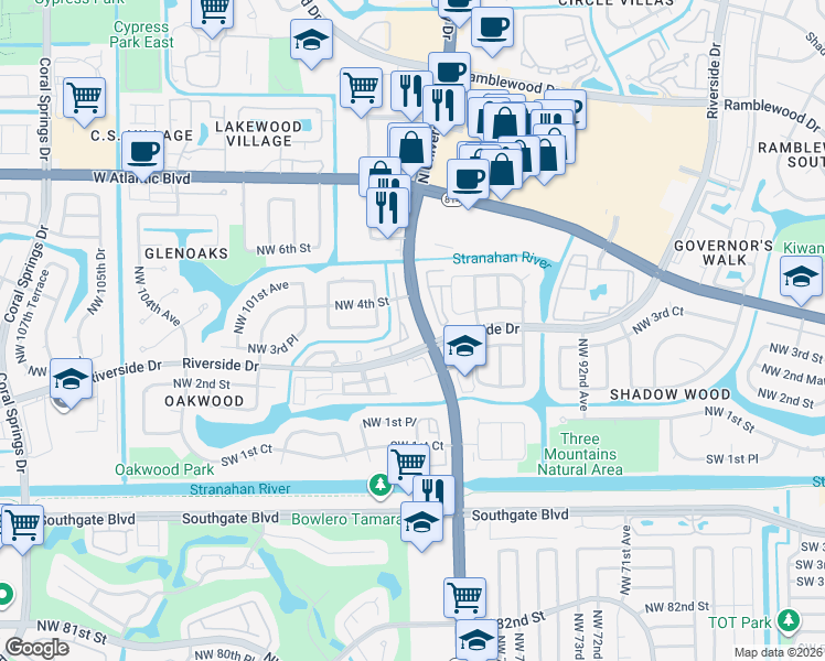map of restaurants, bars, coffee shops, grocery stores, and more near 9625 Riverside Drive in Coral Springs