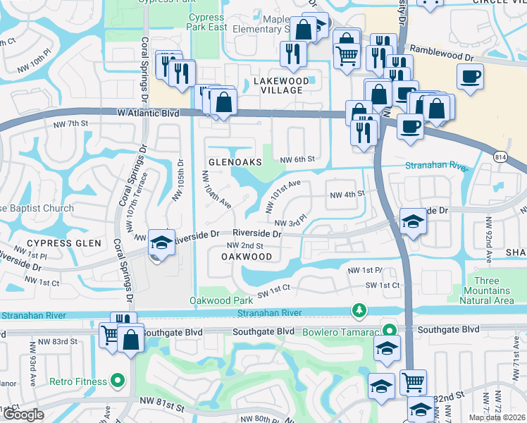 map of restaurants, bars, coffee shops, grocery stores, and more near 10139 Northwest 3rd Place in Coral Springs