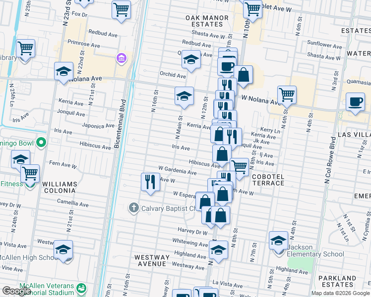 map of restaurants, bars, coffee shops, grocery stores, and more near 1317 West Iris Ave in McAllen