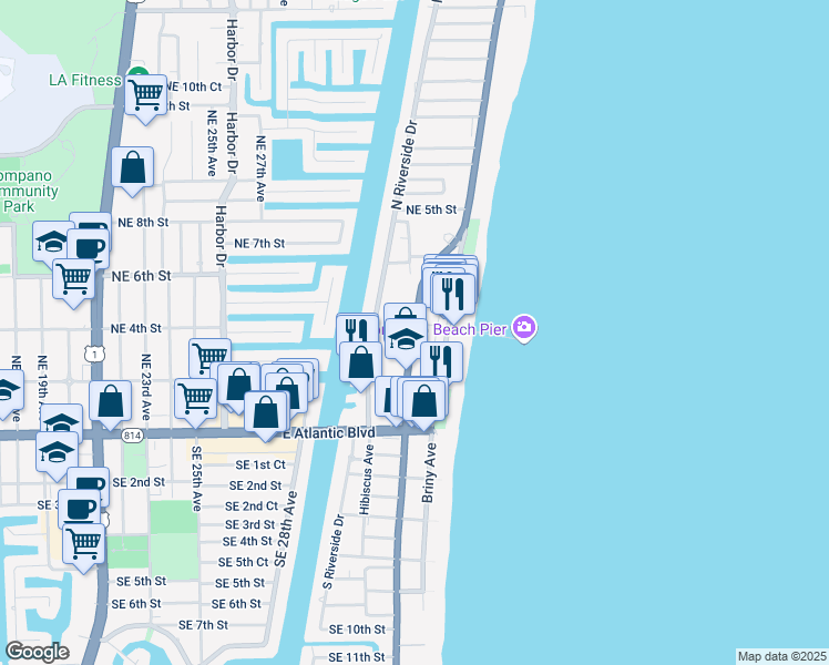 map of restaurants, bars, coffee shops, grocery stores, and more near 189 North Ocean Boulevard in Pompano Beach
