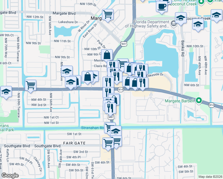 map of restaurants, bars, coffee shops, grocery stores, and more near North State Road 7 in Broward County
