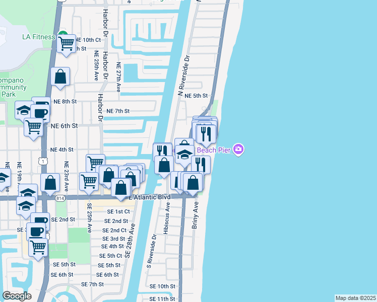 map of restaurants, bars, coffee shops, grocery stores, and more near 189 North Ocean Boulevard in Pompano Beach