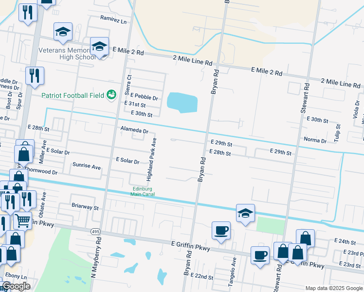 map of restaurants, bars, coffee shops, grocery stores, and more near 2807 Bryan Road in Mission