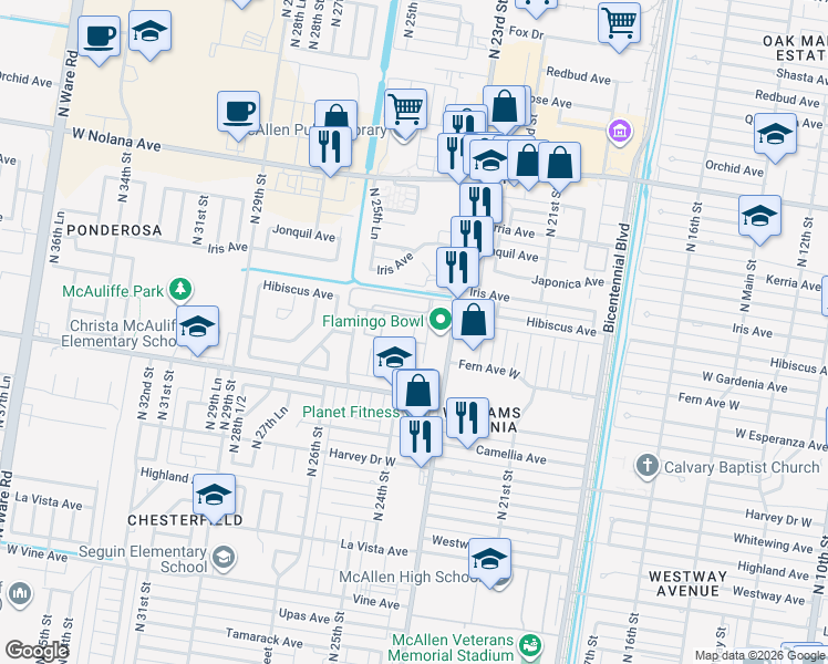 map of restaurants, bars, coffee shops, grocery stores, and more near 3120 North 24 1/2 Street in McAllen