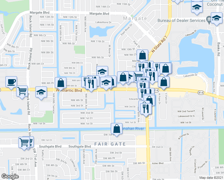 map of restaurants, bars, coffee shops, grocery stores, and more near 6332 West Atlantic Boulevard in Margate