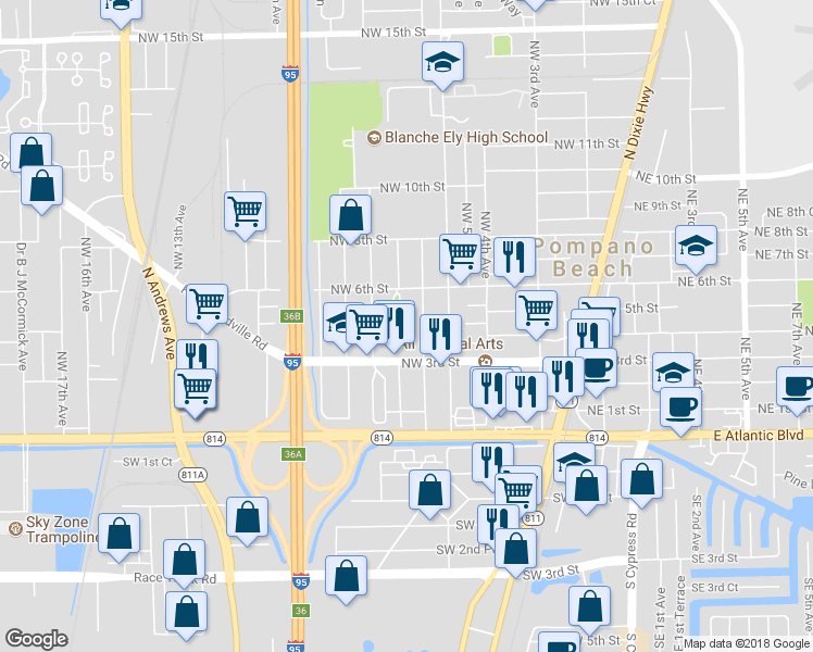 map of restaurants, bars, coffee shops, grocery stores, and more near 405 Northwest 7th Avenue in Pompano Beach