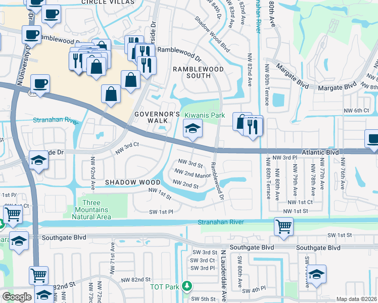 map of restaurants, bars, coffee shops, grocery stores, and more near 8479 Shadow Court in Coral Springs