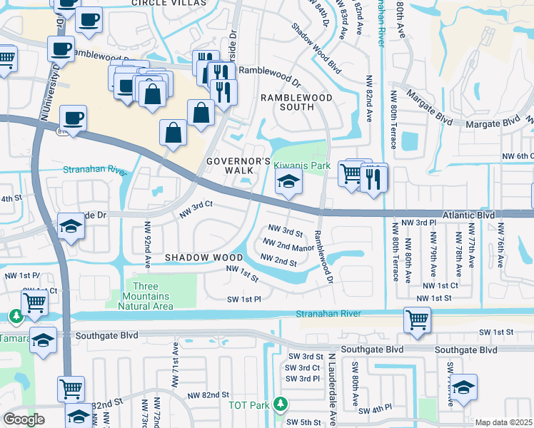 map of restaurants, bars, coffee shops, grocery stores, and more near 8593 Northwest 3rd Street in Coral Springs