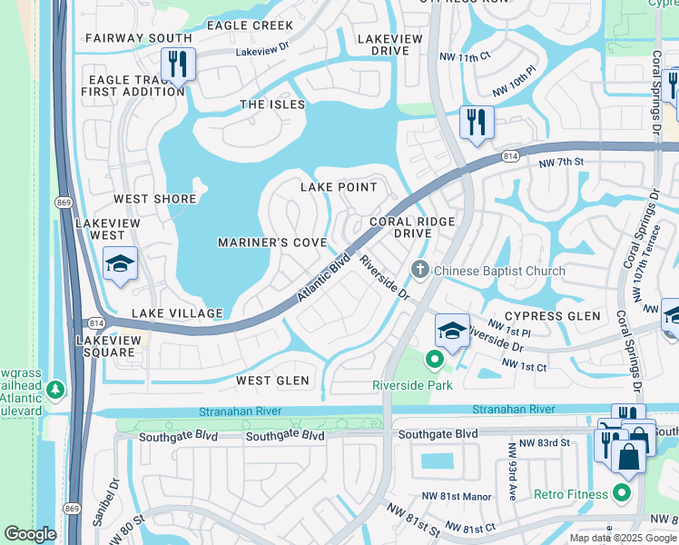 map of restaurants, bars, coffee shops, grocery stores, and more near 11885 Northwest 2nd Manor in Coral Springs