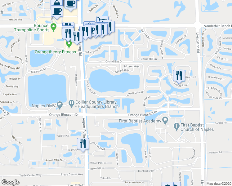 map of restaurants, bars, coffee shops, grocery stores, and more near 2731 Citrus Lake Drive in Naples