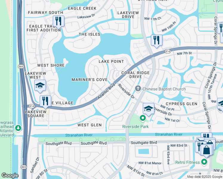 map of restaurants, bars, coffee shops, grocery stores, and more near 11885 Northwest 2nd Manor in Coral Springs