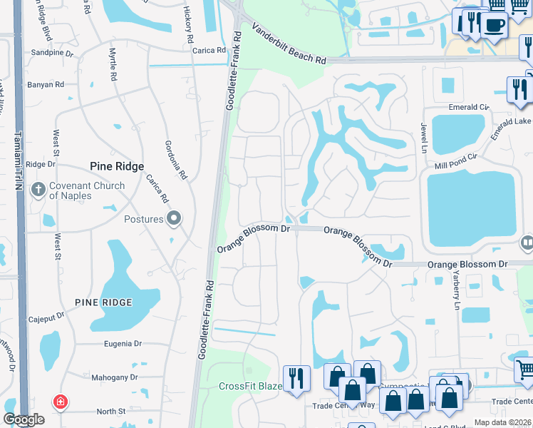 map of restaurants, bars, coffee shops, grocery stores, and more near 6834 Lantana Bridge Road in Naples