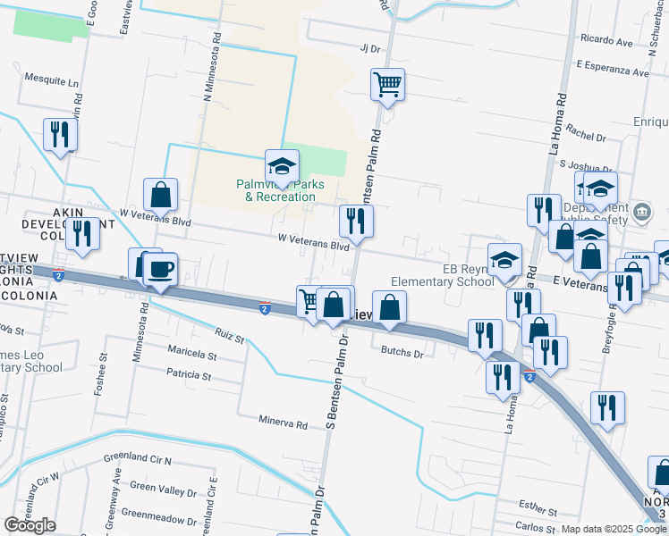 map of restaurants, bars, coffee shops, grocery stores, and more near 115 West Veterans Boulevard in Palmview