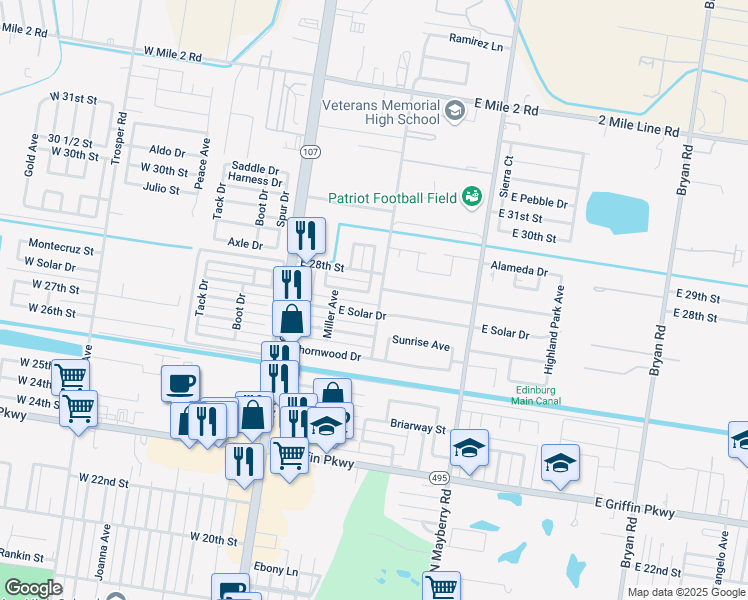 map of restaurants, bars, coffee shops, grocery stores, and more near 211 Solar Drive in Mission
