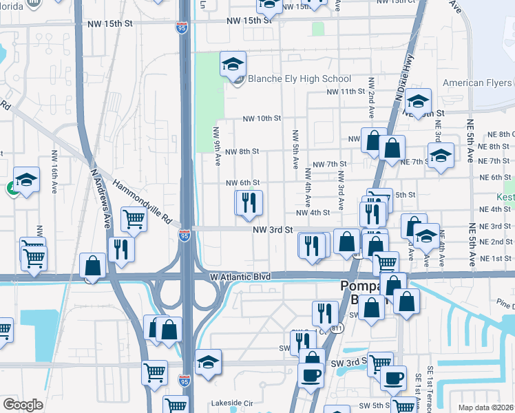 map of restaurants, bars, coffee shops, grocery stores, and more near 405 Northwest 7th Avenue in Pompano Beach