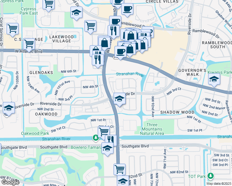 map of restaurants, bars, coffee shops, grocery stores, and more near 365 Shadow Wood Lane in Coral Springs