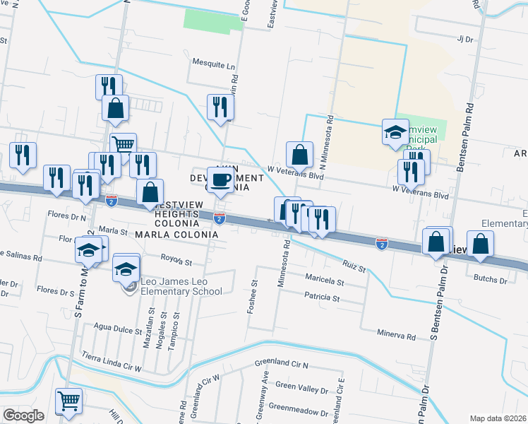 map of restaurants, bars, coffee shops, grocery stores, and more near 1040 West Palma Vista Drive in Palmview