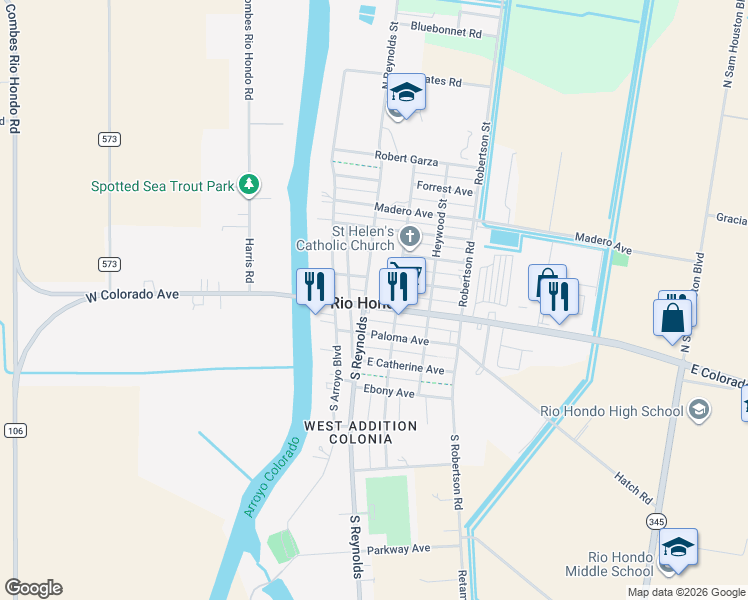 map of restaurants, bars, coffee shops, grocery stores, and more near 310 East Colorado Street in Rio Hondo