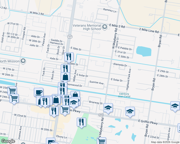 map of restaurants, bars, coffee shops, grocery stores, and more near 401 Solar Drive in Mission