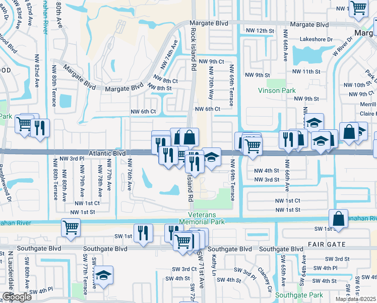 map of restaurants, bars, coffee shops, grocery stores, and more near W Atlantic Blvd & Rock Island Rd in Margate