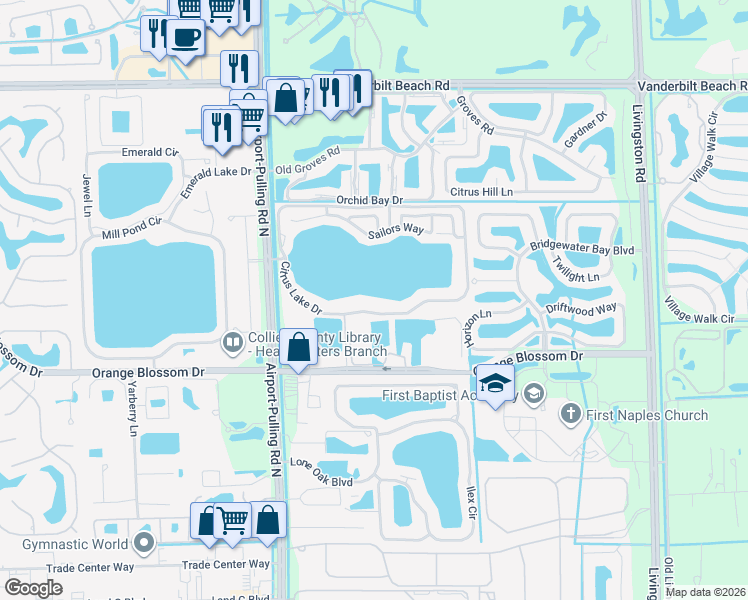 map of restaurants, bars, coffee shops, grocery stores, and more near 2651 Citrus Lake Drive in Naples