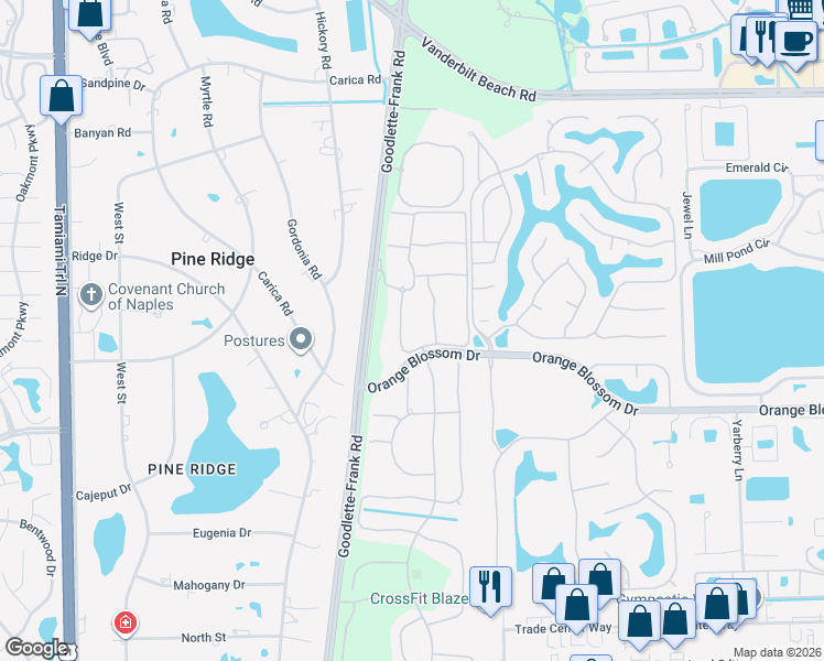 map of restaurants, bars, coffee shops, grocery stores, and more near 6867 Satinleaf Road South in Naples