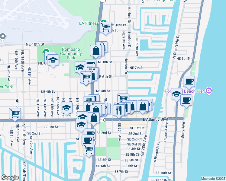 map of restaurants, bars, coffee shops, grocery stores, and more near 228 Northeast 24th Avenue in Pompano Beach