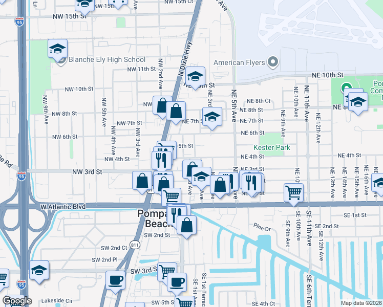 map of restaurants, bars, coffee shops, grocery stores, and more near 200 Northeast 4th Street in Pompano Beach