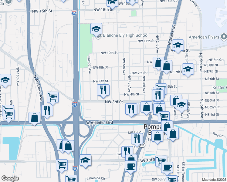 map of restaurants, bars, coffee shops, grocery stores, and more near 405 Northwest 7th Avenue in Pompano Beach