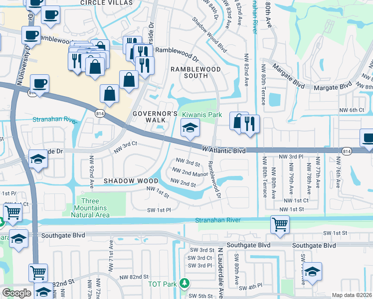 map of restaurants, bars, coffee shops, grocery stores, and more near 8479 Shadow Court in Coral Springs