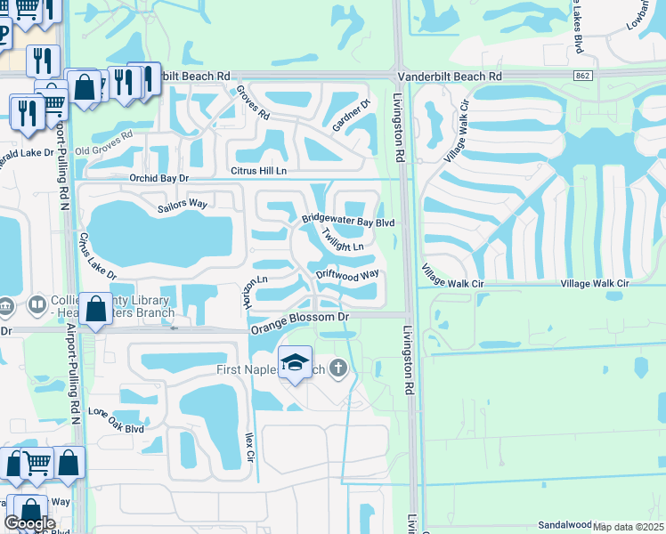 map of restaurants, bars, coffee shops, grocery stores, and more near 3058 Driftwood Way in Naples