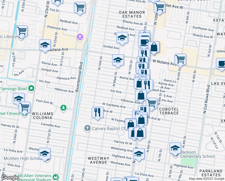 map of restaurants, bars, coffee shops, grocery stores, and more near 1317 West Iris Avenue in McAllen