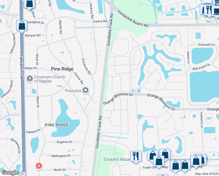 map of restaurants, bars, coffee shops, grocery stores, and more near 6867 Satinleaf Road South in Naples