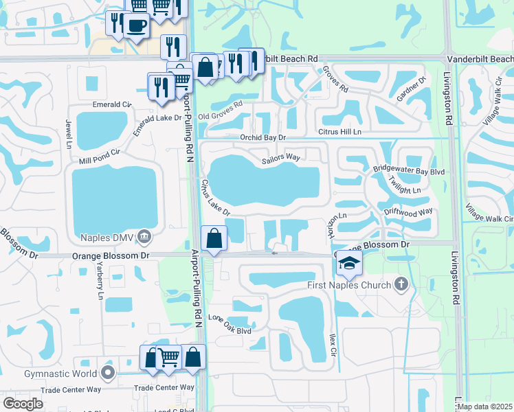 map of restaurants, bars, coffee shops, grocery stores, and more near 2651 Citrus Lake Drive in Naples