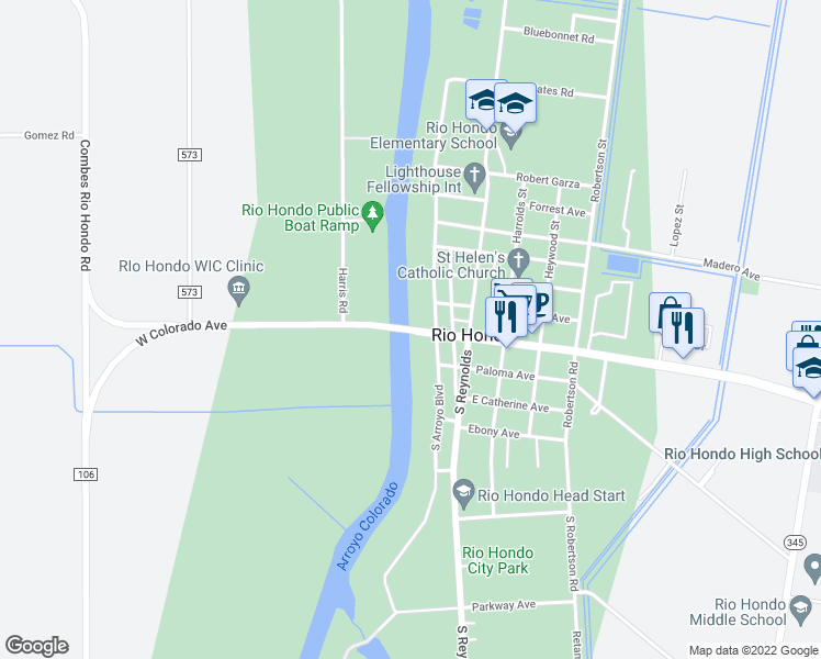 map of restaurants, bars, coffee shops, grocery stores, and more near 508 Farm to Market Road 106 in Harlingen